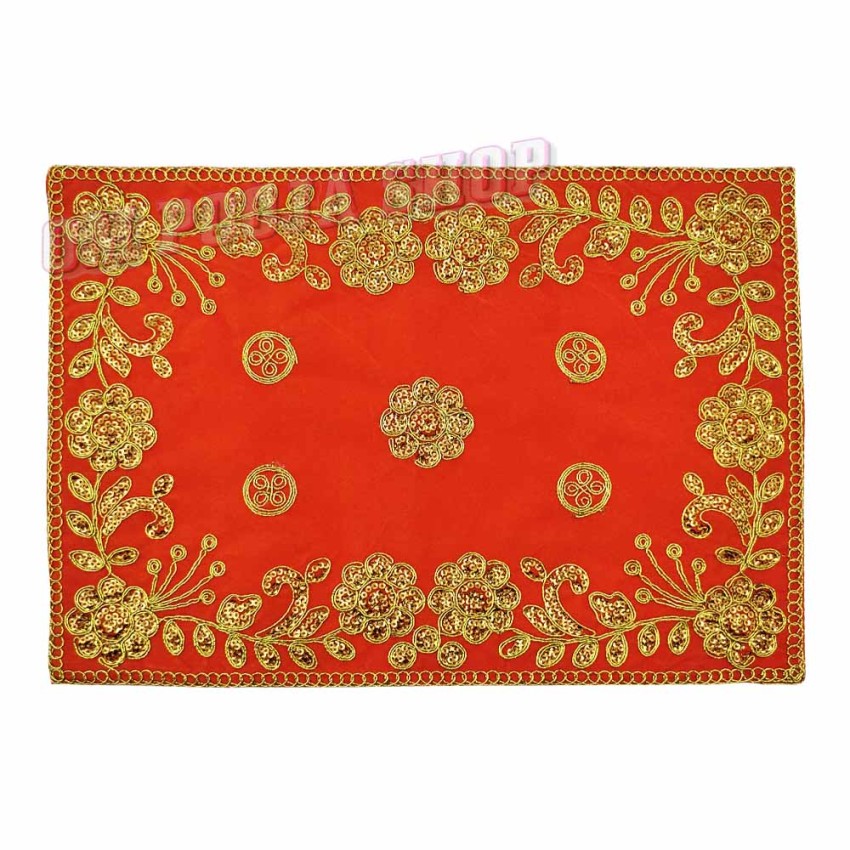 Golden Embroidered Orange Colour Velvet Puja Aasan - Size: 9x13 inches