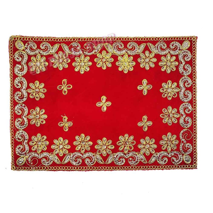 Red Velvet Puja Aasan with Floral Embroidered - Size: 9x13 inches