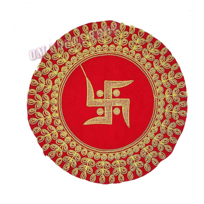 Red Round Swastika Embroidered Velvet Puja Aasan - Size: 12.5 x 12.5 inches