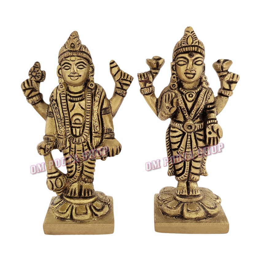 Lakshmi Vishnu Brass Idol - Size: 3 x 1.75 x 1 inches