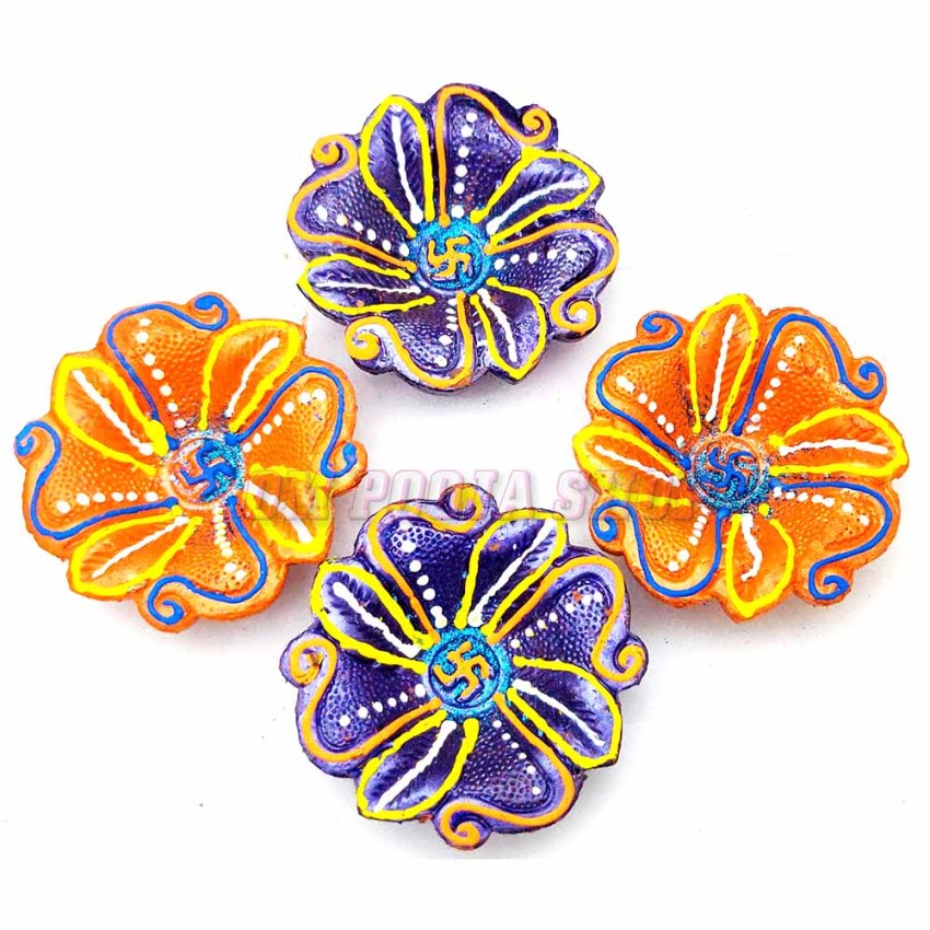 Flower Swastik Clay Diya Set Of 4