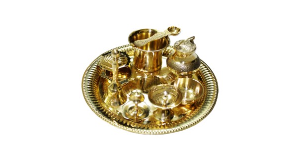 Beautiful Gold Plated Brass Pooja Thali Set for Diwali Poojan, Dhanteras,  Hawan Puja, Diwali Pujan, Navrata Pujan (1 Pieces, Gold)