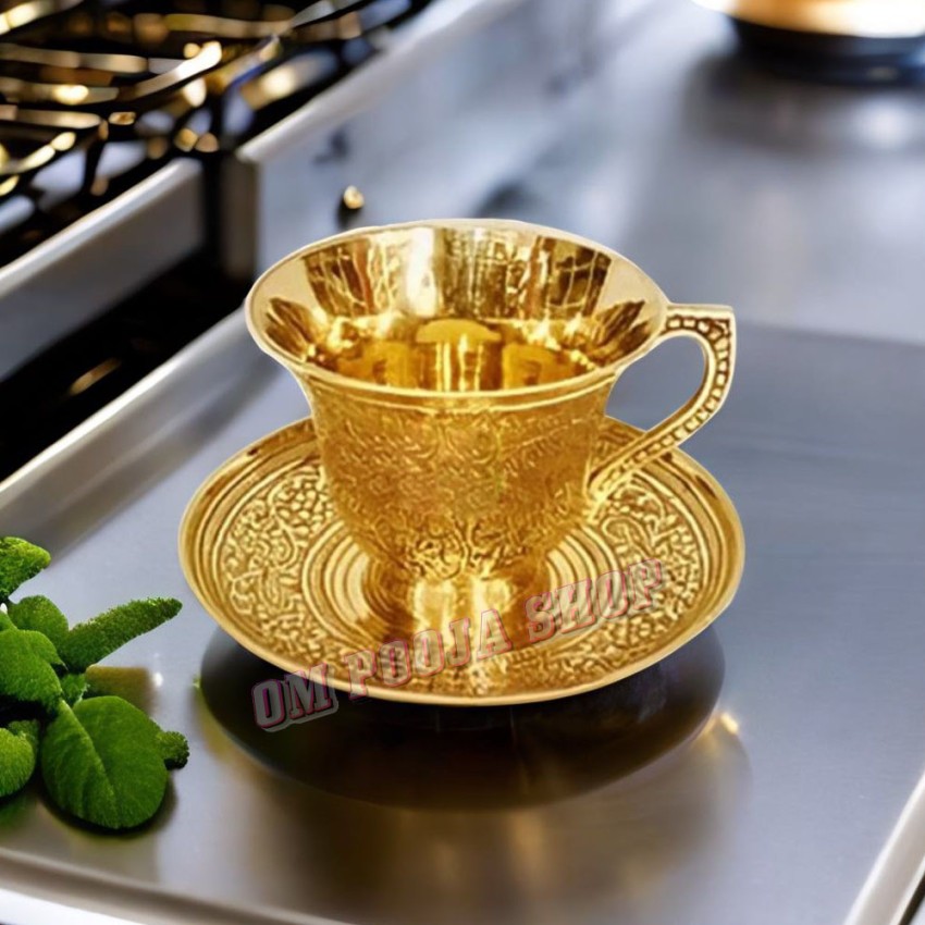 Premium Brass Cup Tea Plate Set Embossed Design