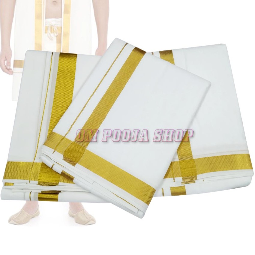 White Cotton Dhoti with Angavastram for Men