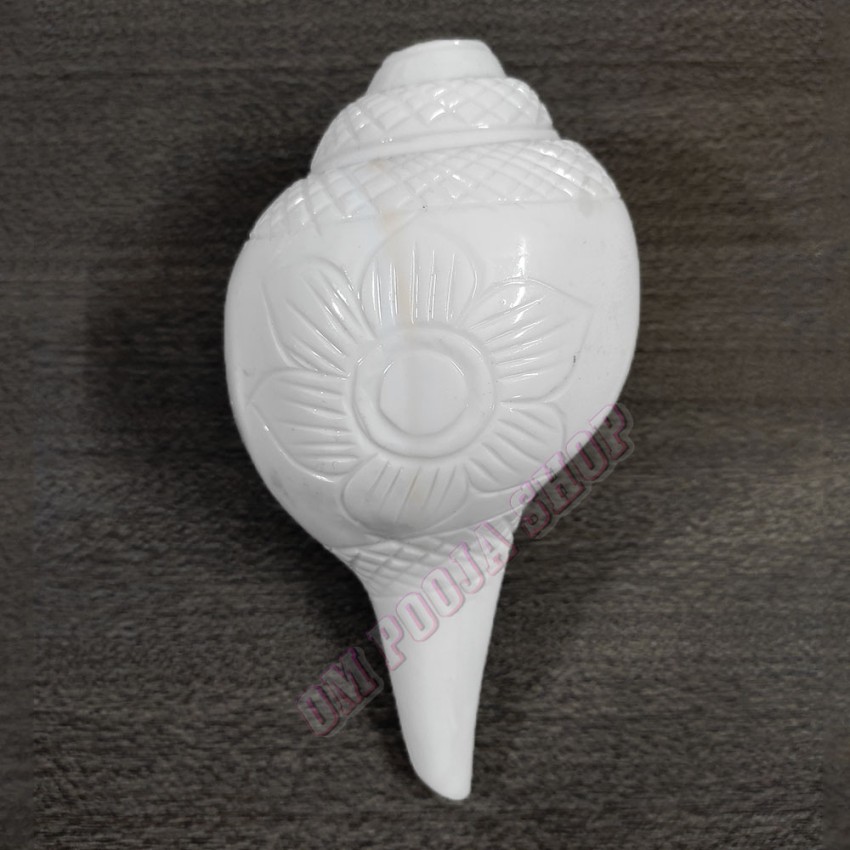 Flower Carving Natural Blowing Shankha - 6.25 Inches