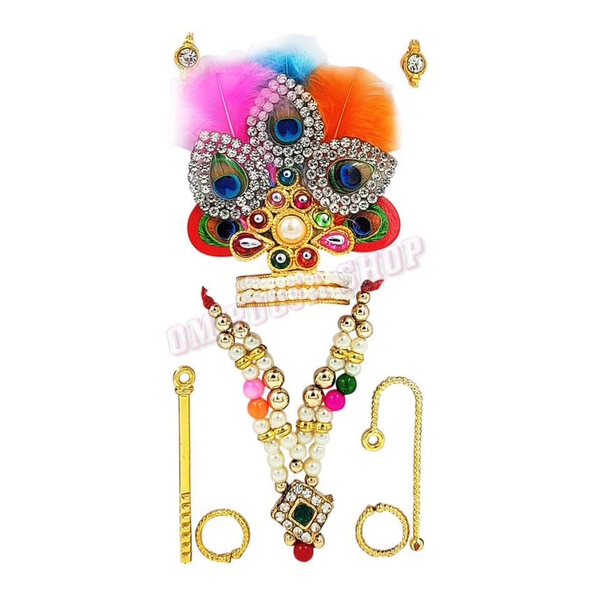 Shri Banke Bihari Ji Shringar Jewellery Set - Crown Necklace Flute Stick Earring Armlet