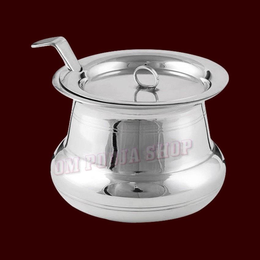 Puja Ghee Pot / Oil Jar with Lid & Spoon in Pure Silver