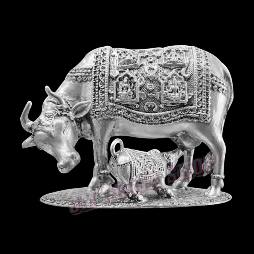 Astalaxmi Kamdhenu Gay (Cow) and Bachhada (Calf) Statue in 925 Silver - Size: 2 inches