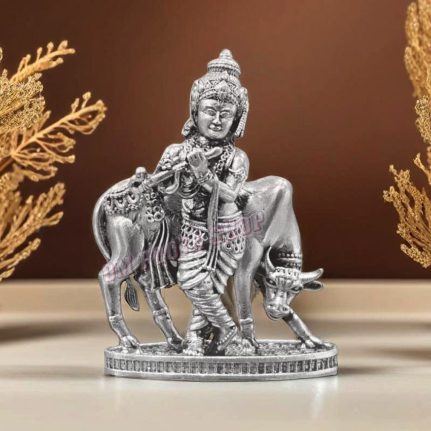 Krishna with Cow 925 Pure Silver Statue - Size: 1.75 inches