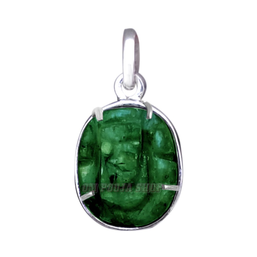 Ganpati Pendant in Green Jade Stone with Pure Silver